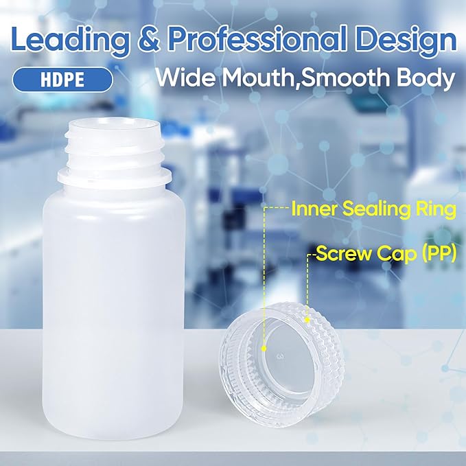 DEMORA 2 oz Small Plastic Bottles with Caps, Airtight Refillable Wide Mouth Travel Bottles for Toiletries, HDPE Food Grade Plastic Containers for Liquids Pill Sample Lab Reagent (Translucent, 4 Pcs)
