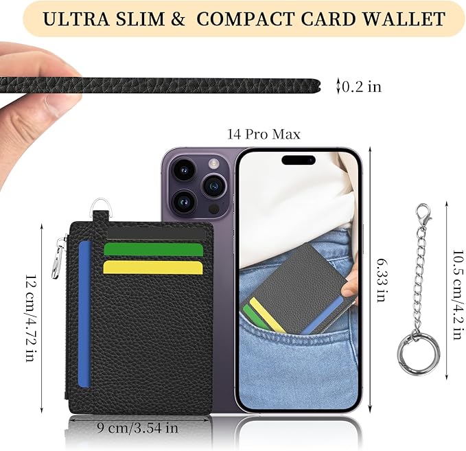 Hancynir Black Minimalist Small Wallet Women Credit Card Holder, Slim RFID Blocking Keychain Card Wallets, Mini Front Pocket PU Leather Thin Travel Zipper Coin Cash Ladies Wallet Organizer Gifts