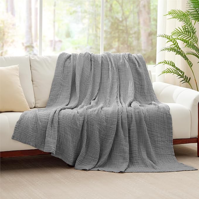 100% Cotton Muslin Blanket Queen 90" x 90", 6 Layers Breathable and Lightweight Cotton Throw Blanket for Bed, Soft Quilt Bedspread Coverlet, Gauze Blanket for Adults All Season, Grey