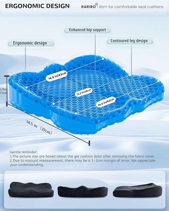 Thickened Gel Seat Cushion, Egg Gel Chair Pads for Wheelchair Pressure Coccyx Sciatica Pain Relief, Cooling Desk Seat Cushion for Kayak, Car, Office Chair Long Sitting[Blue-2.75"]