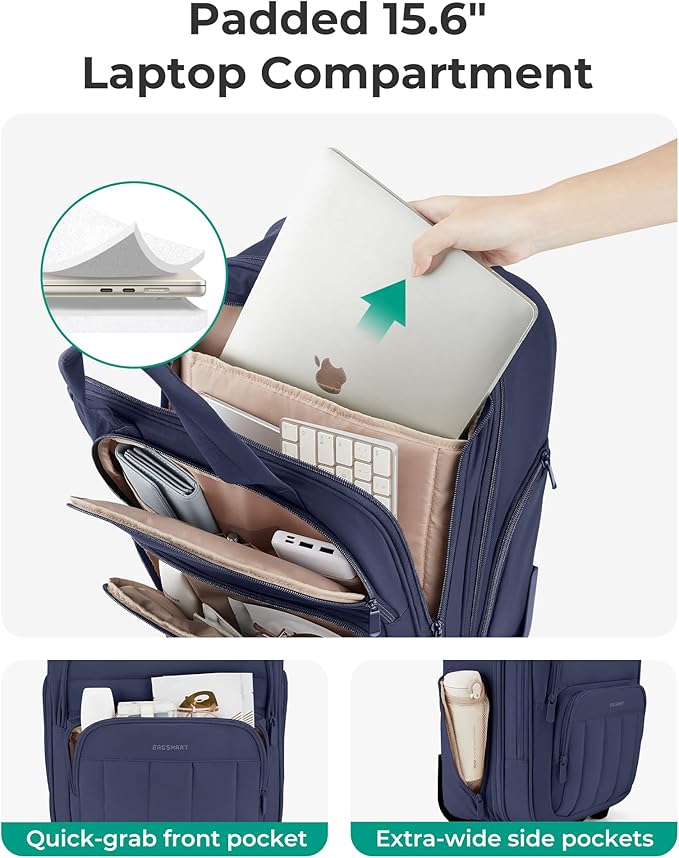 BAGSMART Small Underseat Carry on Luggage with Wheels, 16 inch Small Under Seat Luggage, Lightweight Travel Suitcase for Women, Navy Blue