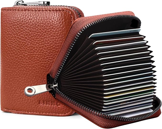 Linno RFID 20 Slots Credit Card Holder Genuine Leather Small Wallet for Women or Men with Zipper