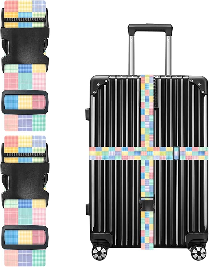 Nuxovilar Luggage Straps Multi-Color Check & dot Polyester 1.96x90.5inch 2 Set Suitcase Cargo Strap Travel Item Student Travel Bus Stop Short Trip