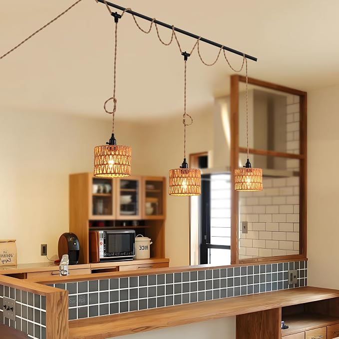 3-Light Hanging Light with Plug in Cord,Plug in Pendant Light 22ft Hemp Rope Pendant Lighting Vintage 3-Light Hanging Lamp Fixtures for Kitchen Island Living Room Bedroom