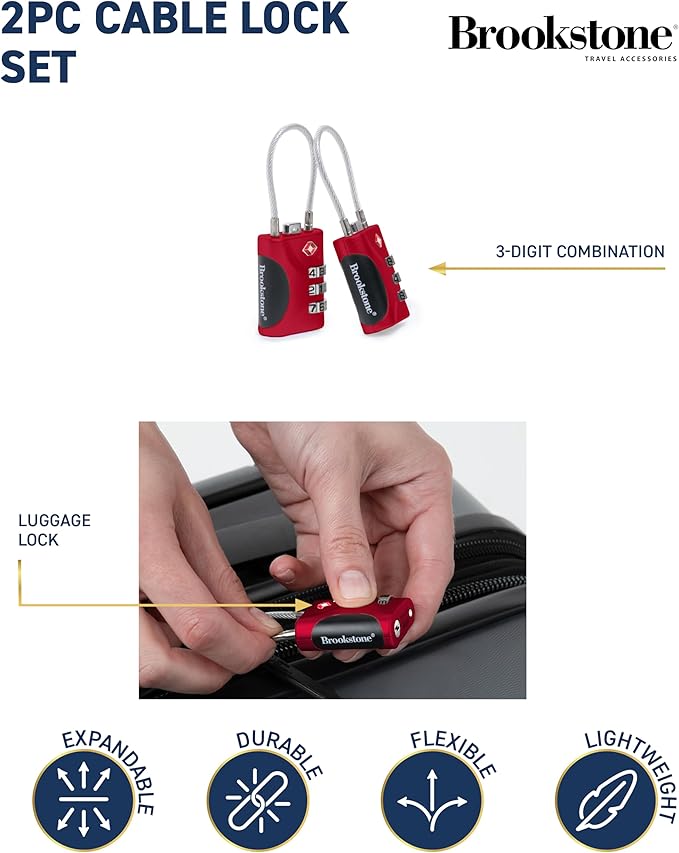 Brookstone Cable Lock - 2 Pack TSA-Approved 3-Digit Keyless Luggage Travel Lock - Resettable Combination Wire Padlock, Red