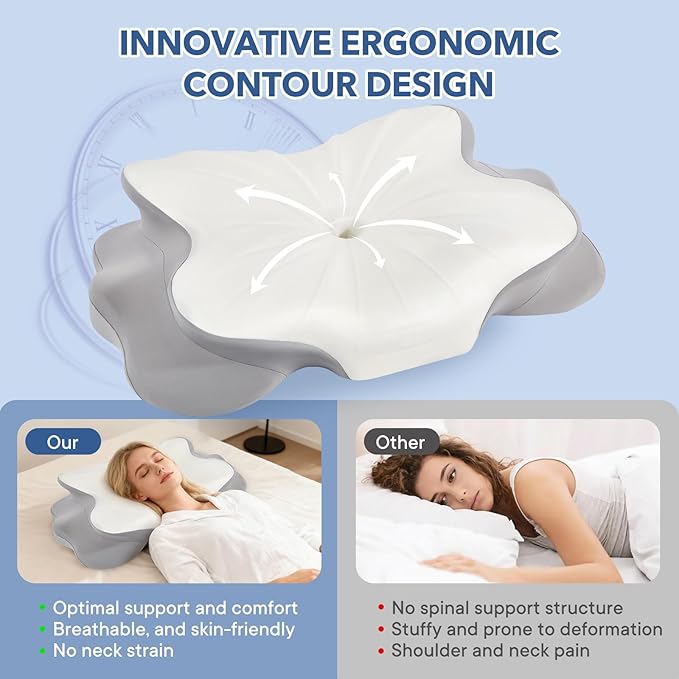 Cervical Pillow for Neck Pain Relief, Ergonomic Memory Foam Pillows for Neck Pain Relief with Ice Silk Pillowcase，Adjustable Contour Neck Support Pillow for Side Back Stomach Sleepers (White)