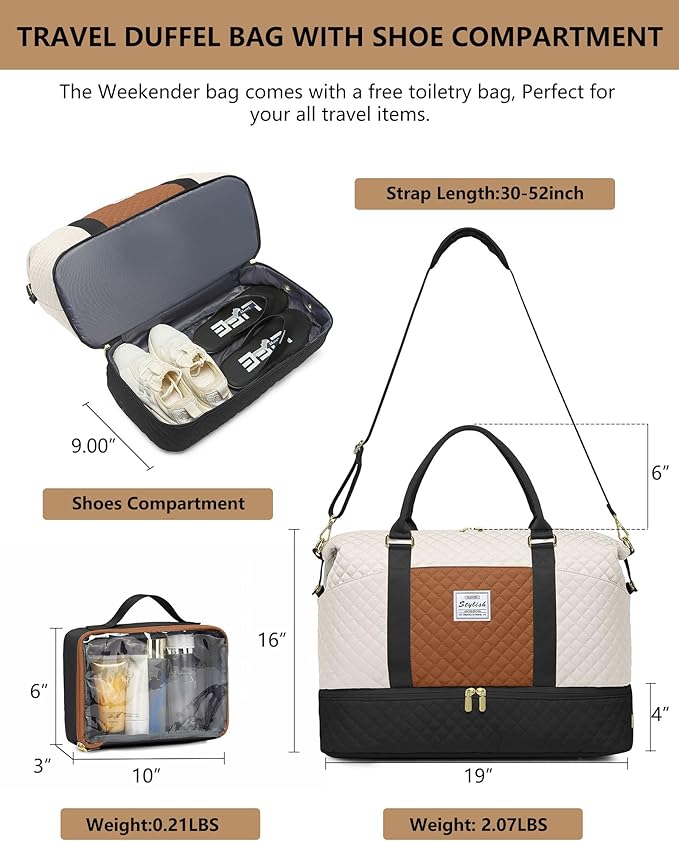 Travel Overnight Bag Weekender Bags - Duffle Bag Women with Shoe Compartment Carry on Tote Bag with Toiletry Bag Gym Duffel Bag with Wet Pocket Hospital Bags for Labor and Delivery Black White Brown
