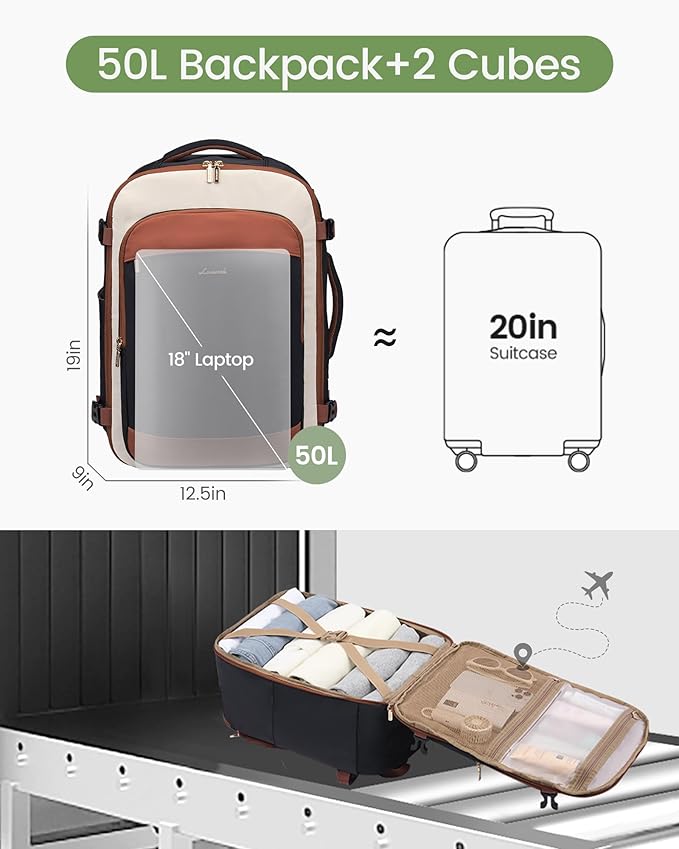 LOVEVOOK 50L Travel Backpack for Women & Men, Airline Approved Carry On Backpack, TSA Personal Item Bag fits 18.0 Inch Laptop, Waterproof Weekender Overnight Bags Suitcase for Work, Black-Brown-Beige