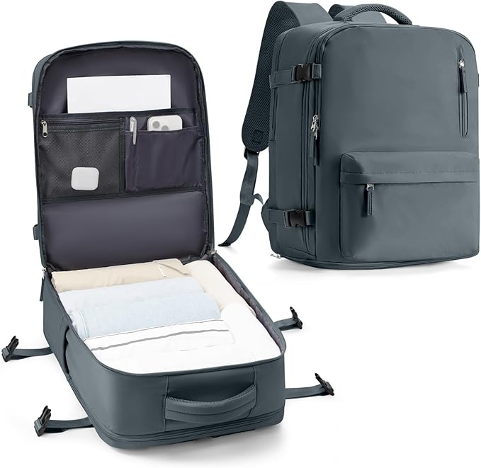 VECAVE Travel Backpack for Women, Airline Flight Approved Carry On Backpacks Waterproof 14 Inch Laptop Backpack with Shoe Compartment Casual Daypack GreyBlue