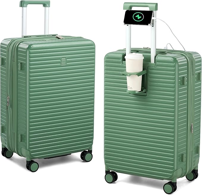 HanTrip Hard Shell Suitcases Travel Expandable Luggage, 24 Inch Check in Luggage with Spinner Wheels Cup Holder Charger Built in, Checked Medium Suitcase Lightweight Suitcases, Forest Green