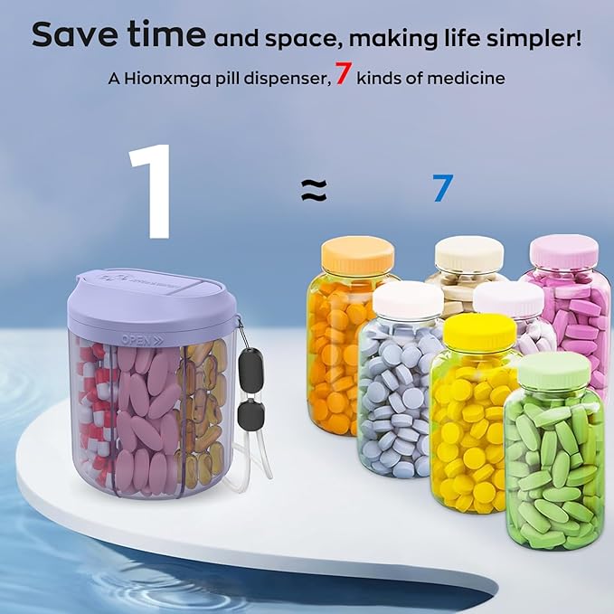 Pill Organizer with 7 Large Compartments, Pill Dispenser for Travel, Supplement Organizer with Anti-Mixing Design, BPA-Free Pill Container with 20 Pcs Labels, Purple