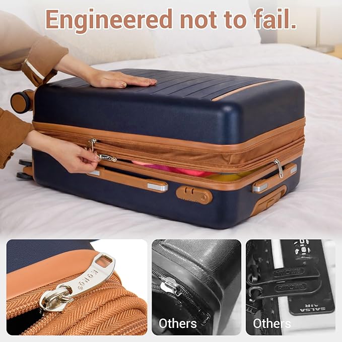 Kono 24 Inch Check In Suitcase Expandable Luggage, Business Travel Suitcase for 5-7 Days, Durable ABS+PC Hardshell with Side Handles & Kick Plates, Double Spinner Silent Wheels, Navy/Brown