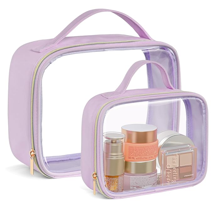 PACKISM Clear Makeup Bag Combo Pack, 1 TSA Approved Medium & Large for Checked Luggage, Clear Toiletry Bag with Handle, Water-resistant Travel Essentials Organizer, Purple