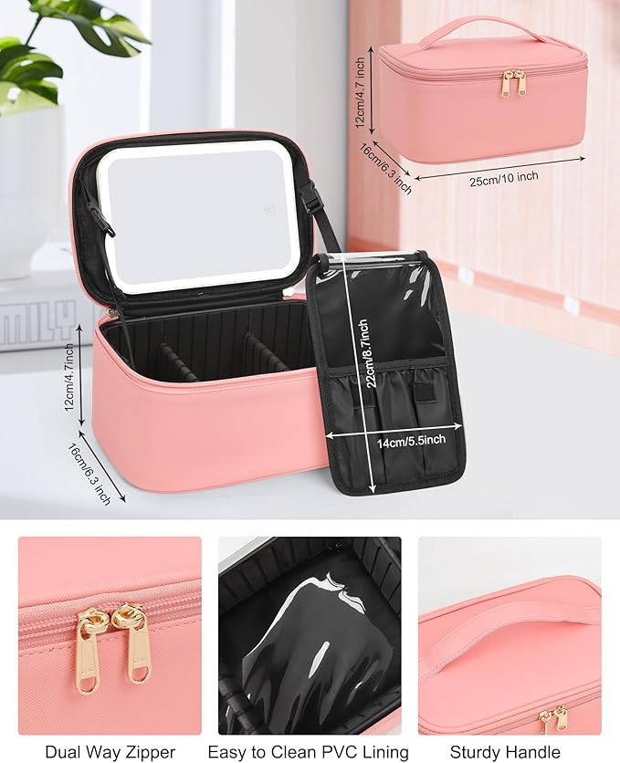 Makeup Bag With LED Mirror, Travel Makeup Bag With 3 Color Setting Light Up Mirror Cosmetic Makeup Organizer Vanity Case for Women Beauty Tools Accessories Rechargeable Makeup Travel Bag - Pink