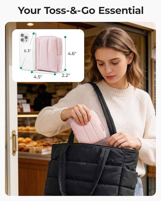 BAGSMART Small Travel Makeup Bag for Purse Toiletry Pouch, Puffy Padded Mini Cosmetics Bag, Cute Make Up Pouch for Women with Slip-in Pocket, Travel Essentials for Toiletries, Purple