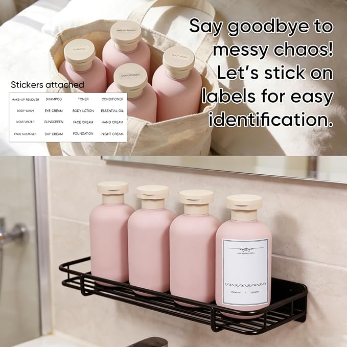 DEMORA 6.6oz Travel Bottles for Toiletries, Larger Plastic Travel Squeeze Bottles Leak Proof Refillable Toiletry Containers with Flip Caps and Labels for Shampoo Conditioner Lotion (Pink, 4 Pcs)