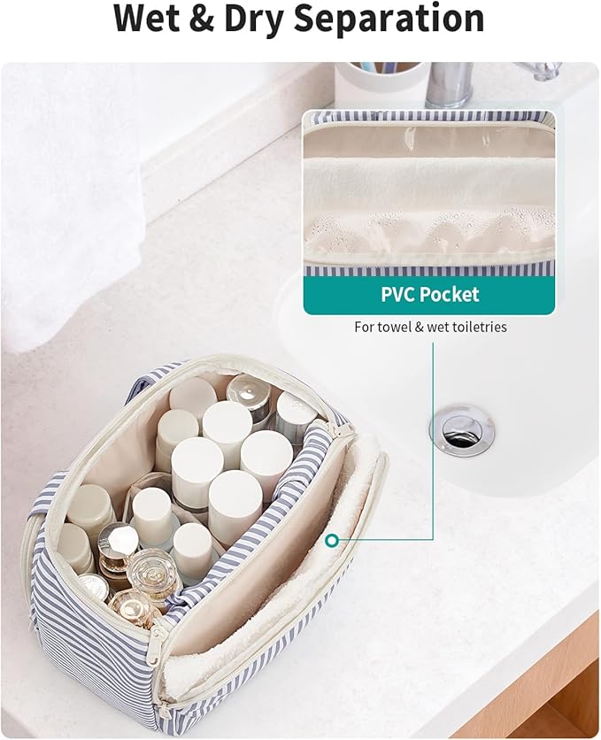 Narwey Striped Travel Toiletry Bag for Women Large Makeup Bag, Wide-open Cosmetic Make Up Organizer with Handle, Travel Bag for Toiletries, Essentials, Accessories (Greyish Blue Stripe)