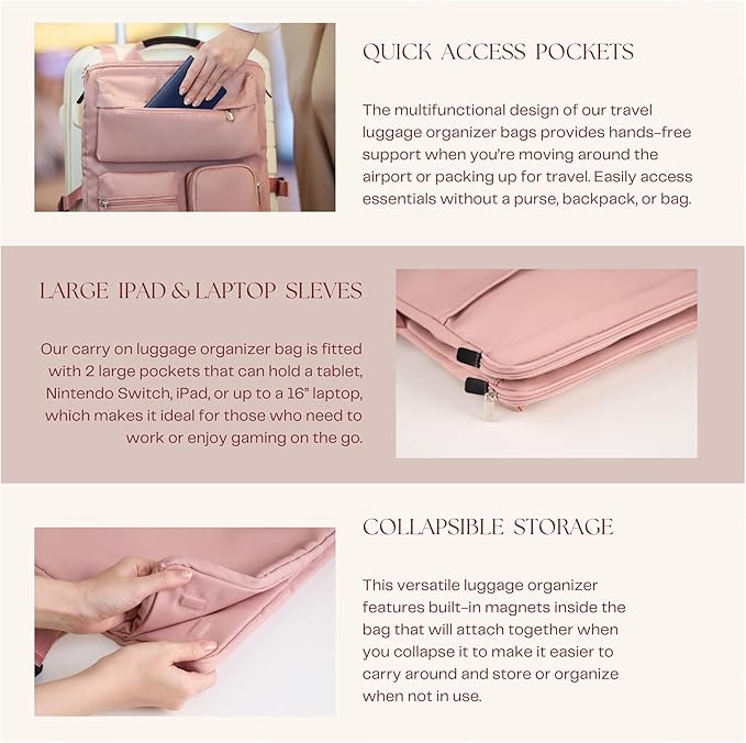 BAREFOOT CARIBOU Over Luggage Organizer for Carry On Bag or Suitcase with Storage Pockets, 16” Laptop Sleeve with Handle, Travel Accessories Bag Slide On Luggage Harness with Adjustable Straps (Pink)