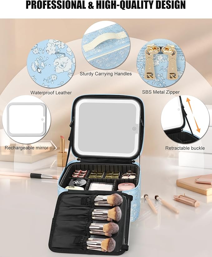 Relavel Travel Makeup Bag With LED Mirror for Women, Cosmetic Organizer Bag with Adjustable Brightness in 3 Color Scenarios, Detachable Dividers, Waterproof Train Case for Daily - White Flower
