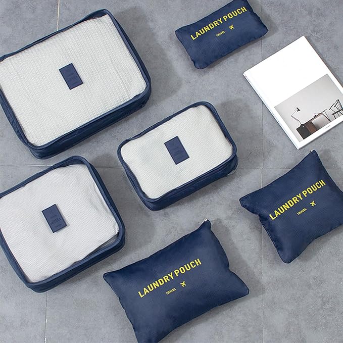 6 Set Packing Cubes for Travel Luggage Packing Bags Reusable Waterproof Suitcase Organizer Bags Set with Shoe Bag and Toiletry Bag (Navy Blue)