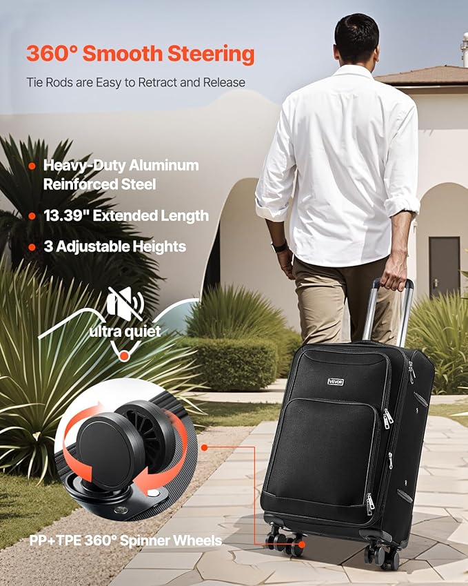 VEVOR Softside Expandable Luggage with Spinner Wheels, 24-Inch Softside Checked Medium Luggage, Lightweight Checked Suitcase with Expandable Zippered Pocket and TSA Lock, Black