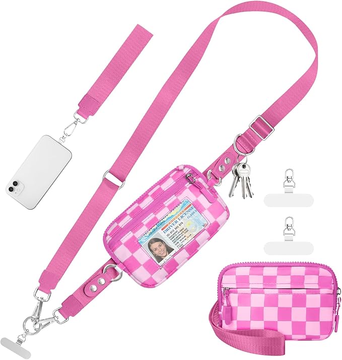 Tiostep Clip and Go Strap for Phone with Wallet Crossbody Phone Lanyard and Detachable Checkered Bag with ID Window and RFID Pouch for Daily Travel.