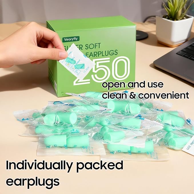 250 Pairs Foam Ear Plugs Bulk Individually Wrapped 32dB - Ear Plug Noise Reduction Safety Soft Earplugs for Construction Sleeping Shooting Industrial Work Use