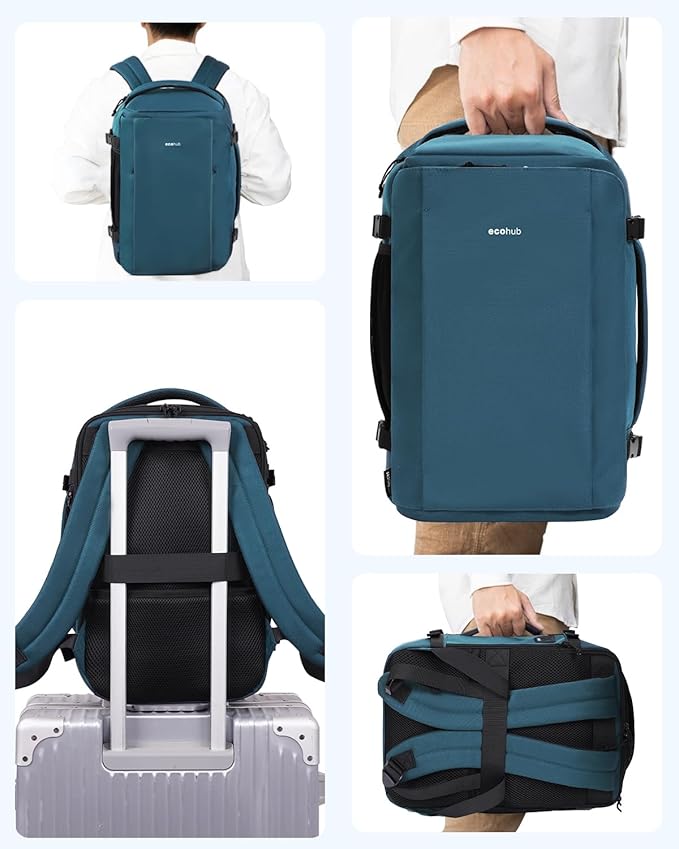 ECOHUB 40L Carry-On Travel Backpack, TSA-Friendly, Anti-Theft Water-Resistant Lightweight with 17.3″ Laptop Compartment, Durable PFAS-Free Rucksack, Green