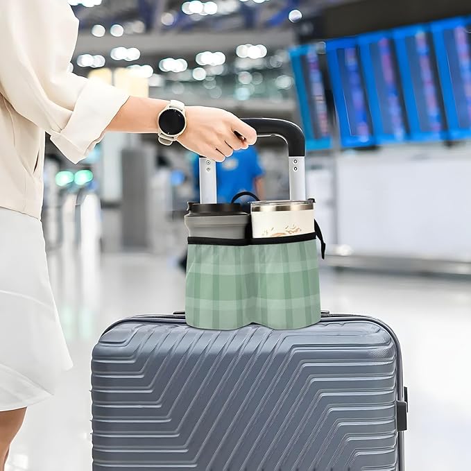 Luggage Cup Holder for Suitcases Free Hands Travel Cup Holder Portable Suitcase Cup Drink Holder Luggage Cup Caddy Bag Carrier Green Stripes Gingham