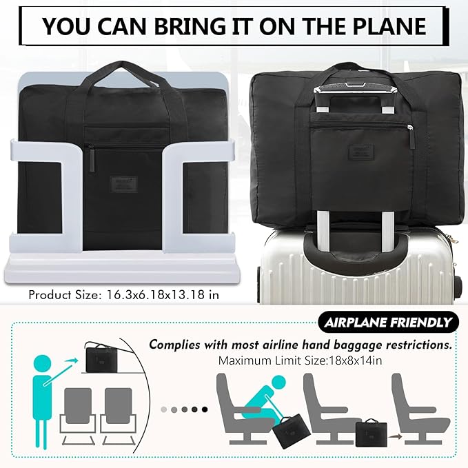 Travel Duffel Bag Lightweight Foldable Travel Bag for Women and Men Waterproof Tote Carry On Luggage Bag Weekender Overnight Bag (Black)