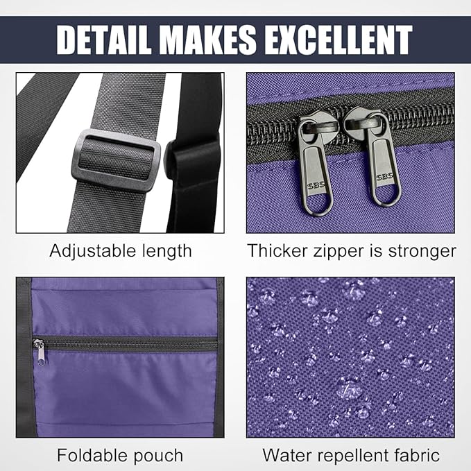 Foldable Travel Duffle Bag, Airlines Approved Carry On Bag Weekender Overnight Bag for Men Women, 40L (Purple)