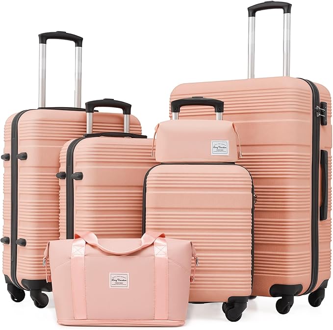 LONG VACATION 6 Piece ABS+PC Hardshell Luggage Set with Spinner Wheels, Lightweight suitcase set with TSA Lock & YKK Zipper, Pink