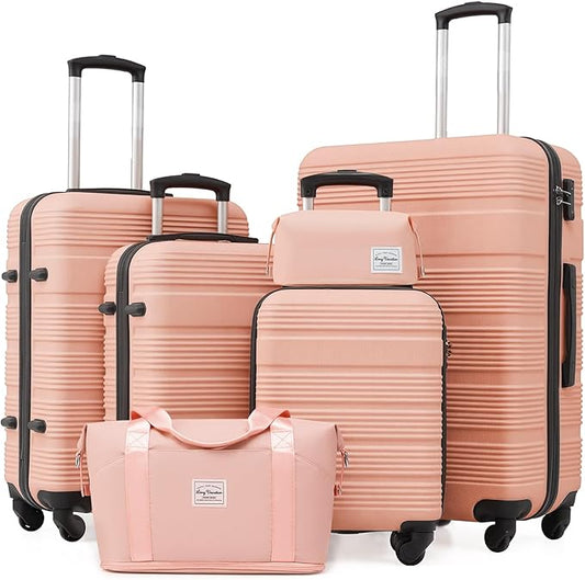 LONG VACATION 6 Piece ABS+PC Hardshell Luggage Set with Spinner Wheels, Lightweight suitcase set with TSA Lock & YKK Zipper, Pink