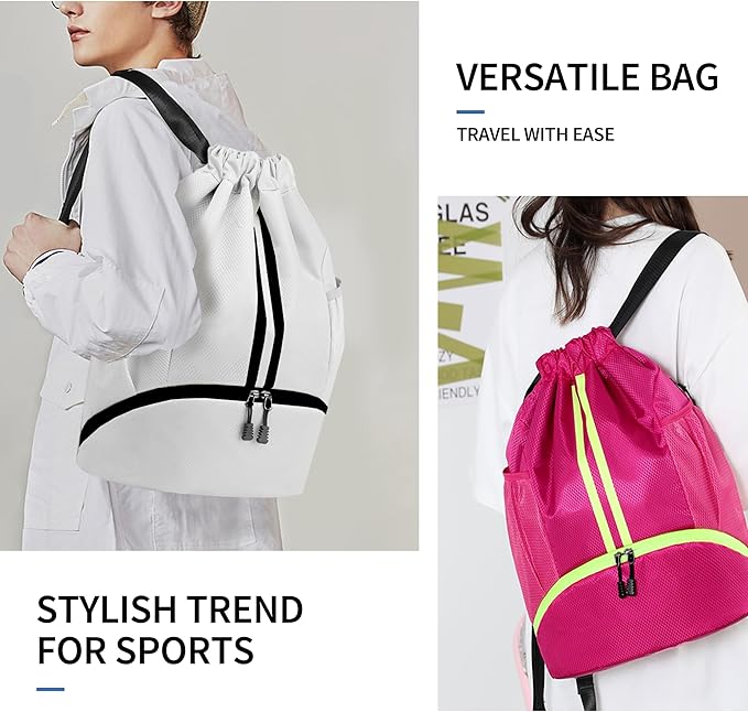 Drawstring Backpack Gym Bag with Shoes Compartment for Soccer, Basketball, Swim, Water-Resistant String Backpack Beach Cinch for Women Men, White
