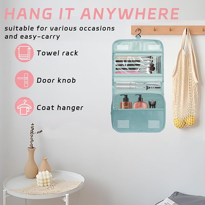 Toiletry Bag Travel Bag with Hanging Hook, Waterproof Capacity Hanging Multifunctional Makeup Bag for Toiletries, Portable Cosmetic Bag Travel Organizer for Women and Men(Light Blue)