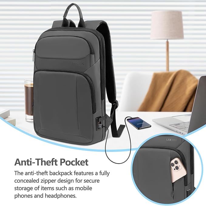 Backpack for Men Slim & Expandable Travel Laptop Backpack with USB Charging Port Water Resistant Anti-Theft Business Backpack Fits 15.6In Laptop for Commute Work College with Small Bag(Simple Gray)