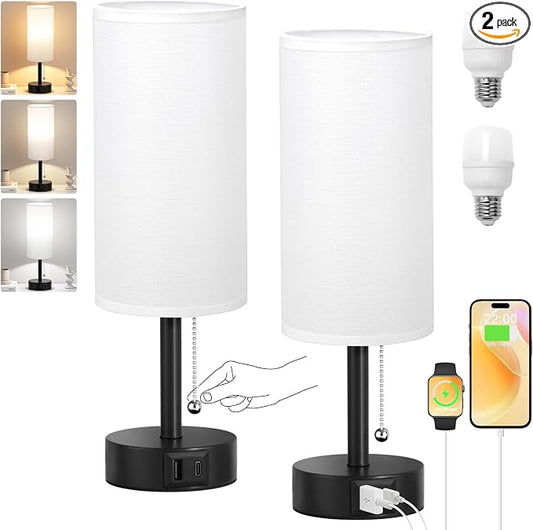 White Bedside Table Lamps Set of 2 - Bedroom Lamp for Desk, USB C+A | 3CCT(3000K/4000K/5000K), LED Bulbs Included, White Fabric Lampshade, 14in Small Lamp for Nightstand, Guest Room, Living Room