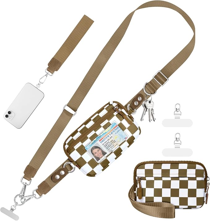Tiostep Clip and Go Strap for Phone with Wallet Crossbody Phone Lanyard and Detachable Checkered Bag with ID Window and RFID Pouch for Daily Travel.