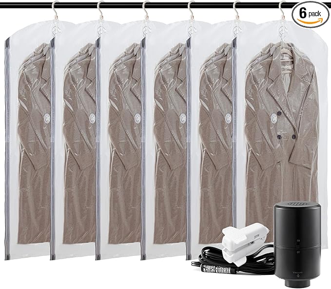 AILI Hanging Vacuum Sealer Suction Space Saver Storage Bags for Clothes Travel with Electric Air Pump And Rolling Slide Clip for Coats, Closet Organizers, 6 Long