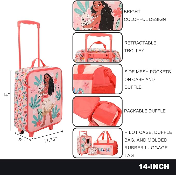 Bioworld Moana Pua & Moana Tropical Print Youth 4-Piece Carry On Luggage Travel Set
