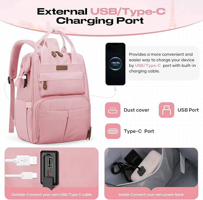 Maelstrom Travel Backpack for Women Men,Laptop Backpack Fits 15.6-17.3 Inch Laptop, Nurse/Work Bag with Insulated Lunch Box (Pink)