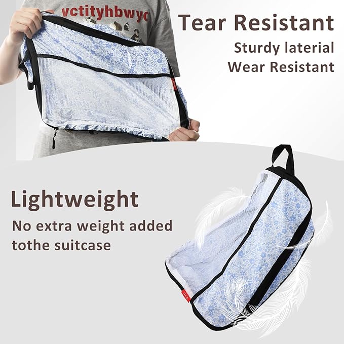 U+U 8 Set Compression Packing Cubes - Ultralight Travel Organizers with Laundry Bag and Cosmetic Bag, Space-Saving Suitcase Organizer for Travel, Business Trip and Family Vacation (Blue Flower)