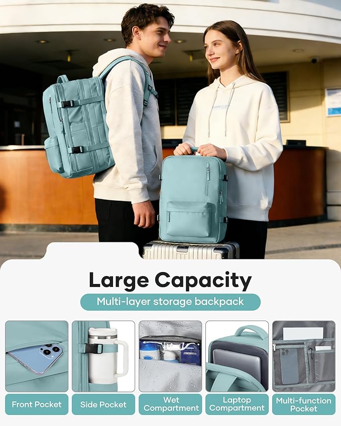 VECAVE Vacuum Backpack Travel with Pump, Expandable Personal Item Carry on Backpacks for Women Men, Laptop Waterproof Work Compression bags with USB Casual Daypack LightBlue