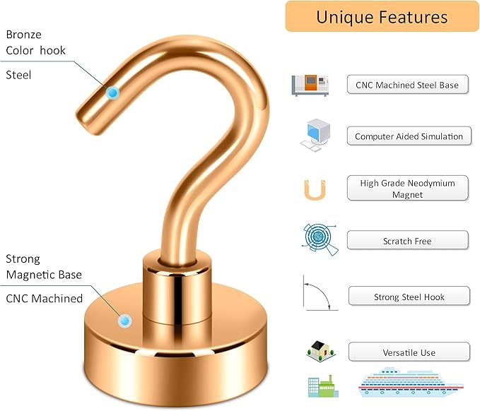 Neosmuk Magnetic Hooks, 30lb+ Heavy Duty Earth Magnets with Hook for Refrigerator, Extra Strong Cruise Hook for Hanging, Magnetic Hanger for Cabins, Grill (Bronze, Pack of 6)