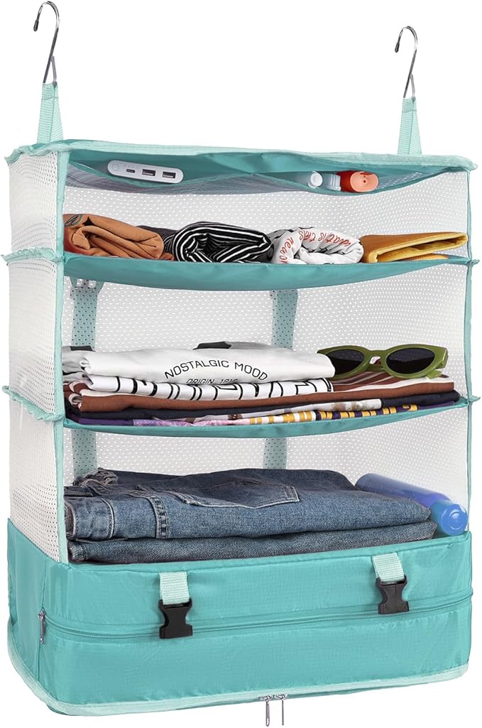 Surblue Hanging Closet Storage Bag Collapsible 3-Shelf Washable Oxford Fabric with 2 Hooks (XL 17.71 * 11.81 * 20in,Aqua Blue)