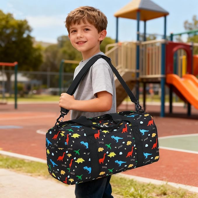 CAMTOP Kids Duffel Overnight Bag Boys Girls Toddler Weekender Carry-On Personalized Tote for Travel Gym Sport (Black Dinosaur)