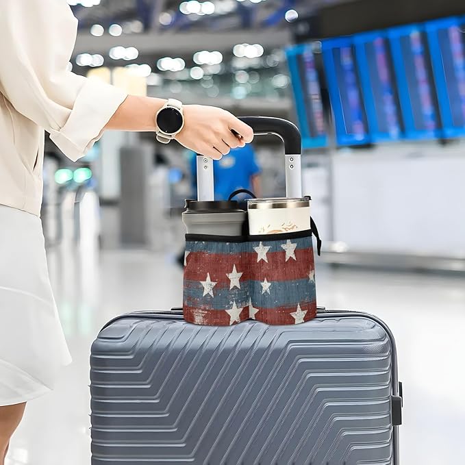 Luggage Cup Holder for Suitcases Free Hands Travel Cup Holder Portable Suitcase Cup Drink Holder Luggage Cup Caddy Bag Carrier Vintage Stars July 4th