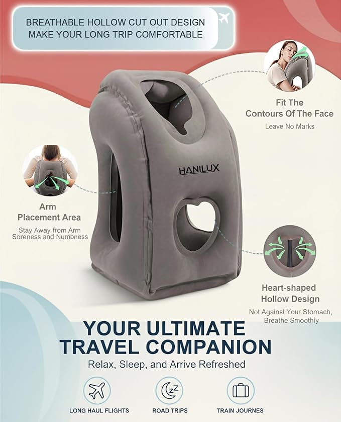 Inflatable Travel Pillows for Airplanes, Blow Up Travel Pillow for Train Office Car with Chin and Neck Support, Inflatable Travel Pillow for Sleep Support with Eye Mask,Storage Bag & Earplugs (Gray)