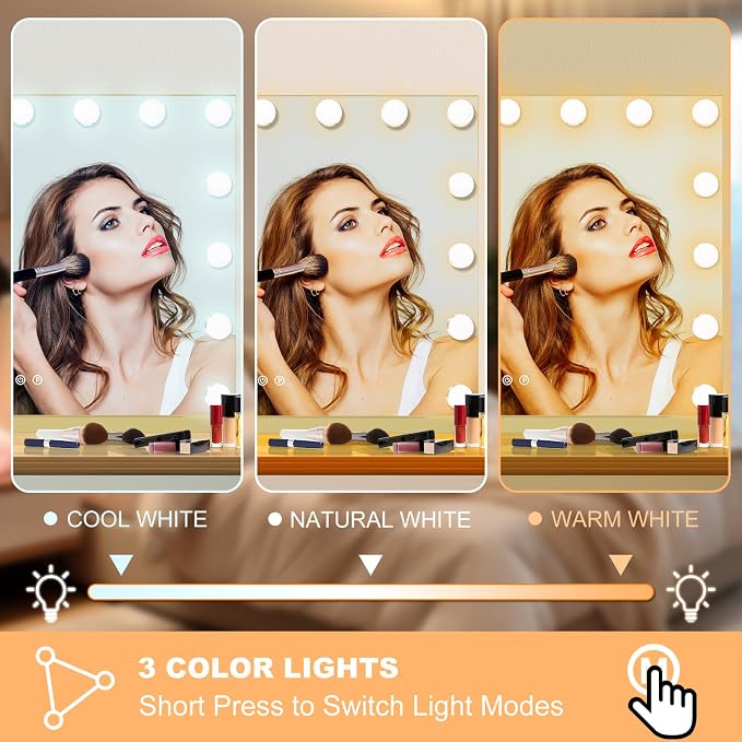 Moonee Vanity Mirror with Lights, Gold Hollywood Lighted Makeup Mirror with 15 Dimmable Bulbs and 10X Magnification, 3 Colors Modes, Aluminum Metal Frame, Light Up Mirror for Tabletop/Wall（23" x 18"）