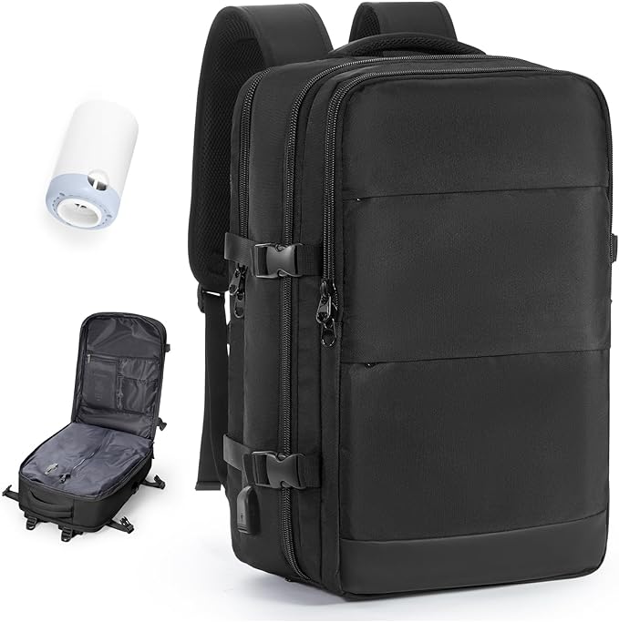VECAVE Vacuum Travel Backpack with Pump for Women, Personal Item Carry on Backpacks Flight Approved 18x14x8 inches for Men,Laptop Waterproof Work Compression bags Casual Daypack,Black.